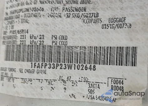 2003 Ford Focus Lx from USA, damaged, VIN 1FAFP33P23W102648